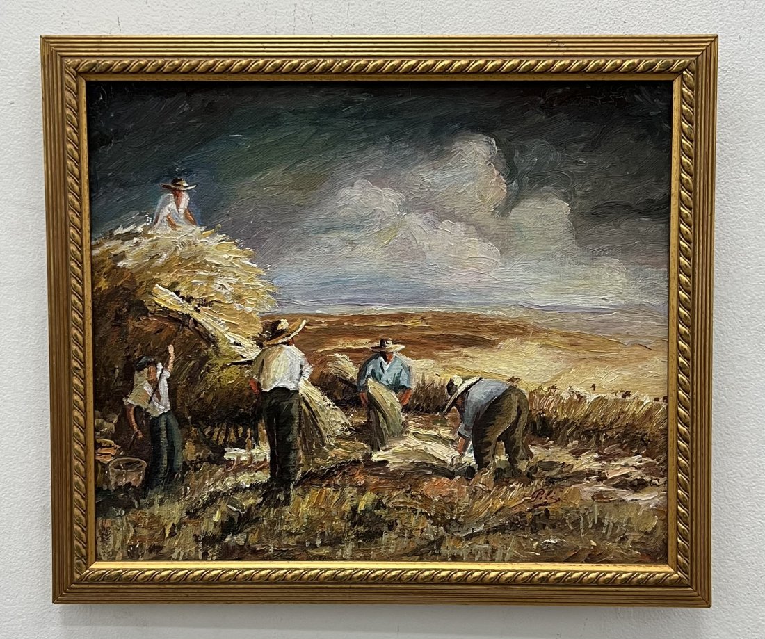 Latin American Impressionist Scene Of Field Workers, Signed: Oil on canvas 16 x 14 in