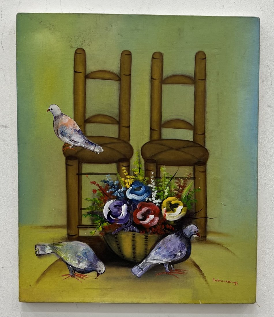 Ambroise Domek (20th c, Haiti) Flowers & Doves: Oil on canvas 24 x 20 in
