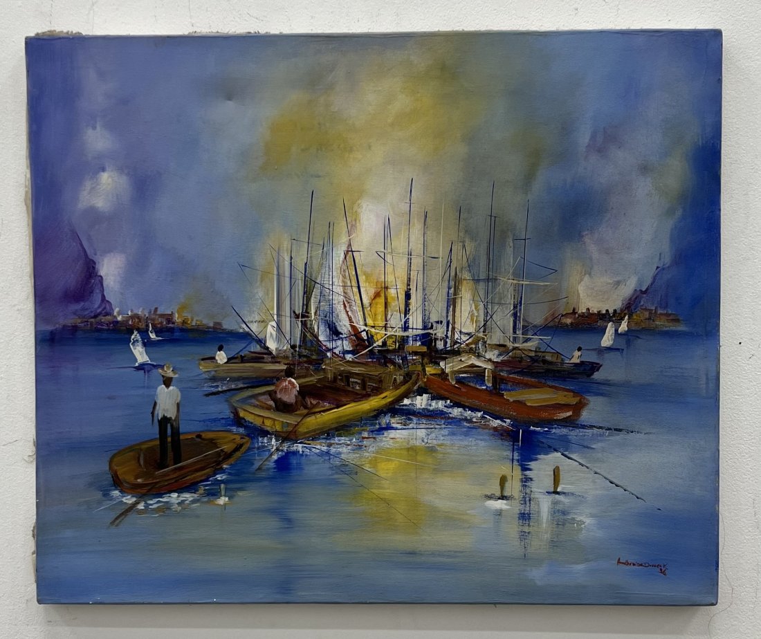 Ambroise Domek (20th c, Haiti) Harbor Scene w/ Boats: Oil on canvas 24 x 20 in