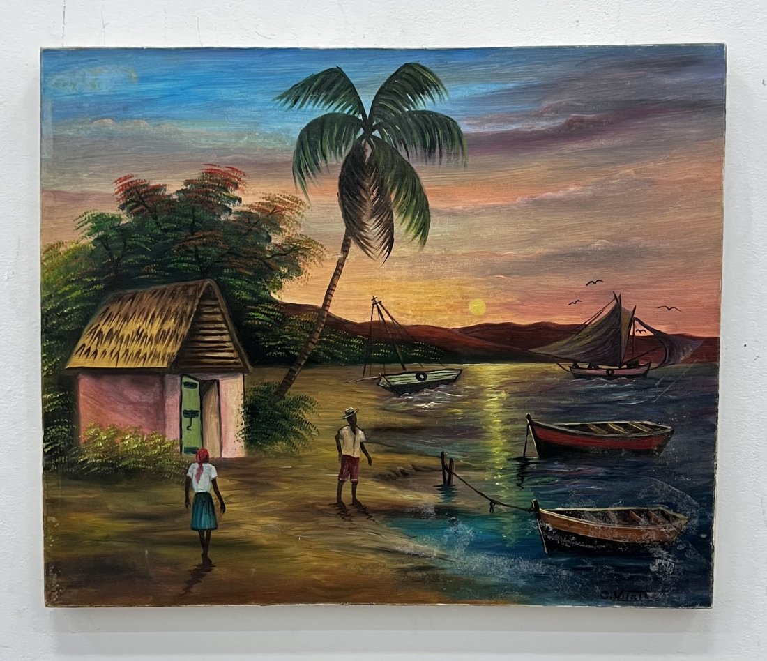 Haitian Harbor Scene w/ Boats, Illegible Signature: Oil on canvas 24 x 20 in