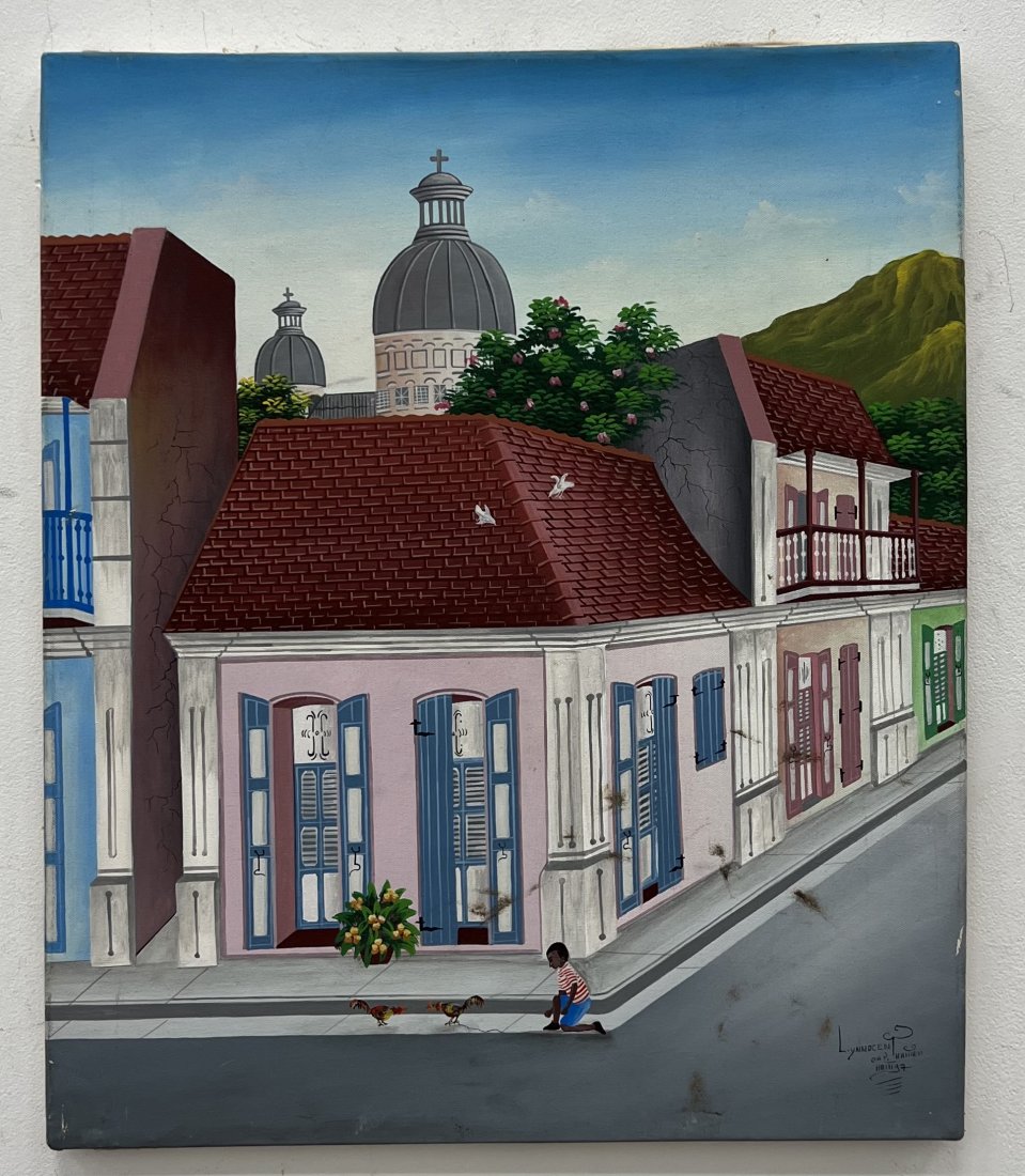 LUCKAIN INNOCENT (20th c, Haiti) Street Scene: Oil on canvas 24 x 20 in