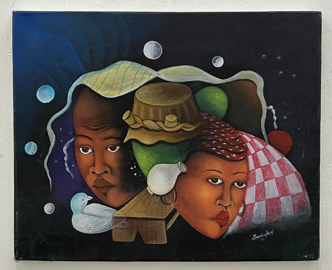 Marcelus Renel (20th c, Haiti) Surrealist: Oil on canvas 20 x 16 in