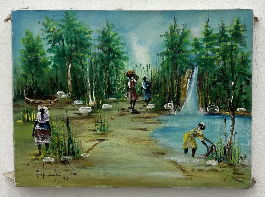 Ambroise Domek (20th c, Haiti) Village: Oil on canvas 16 x 12 in