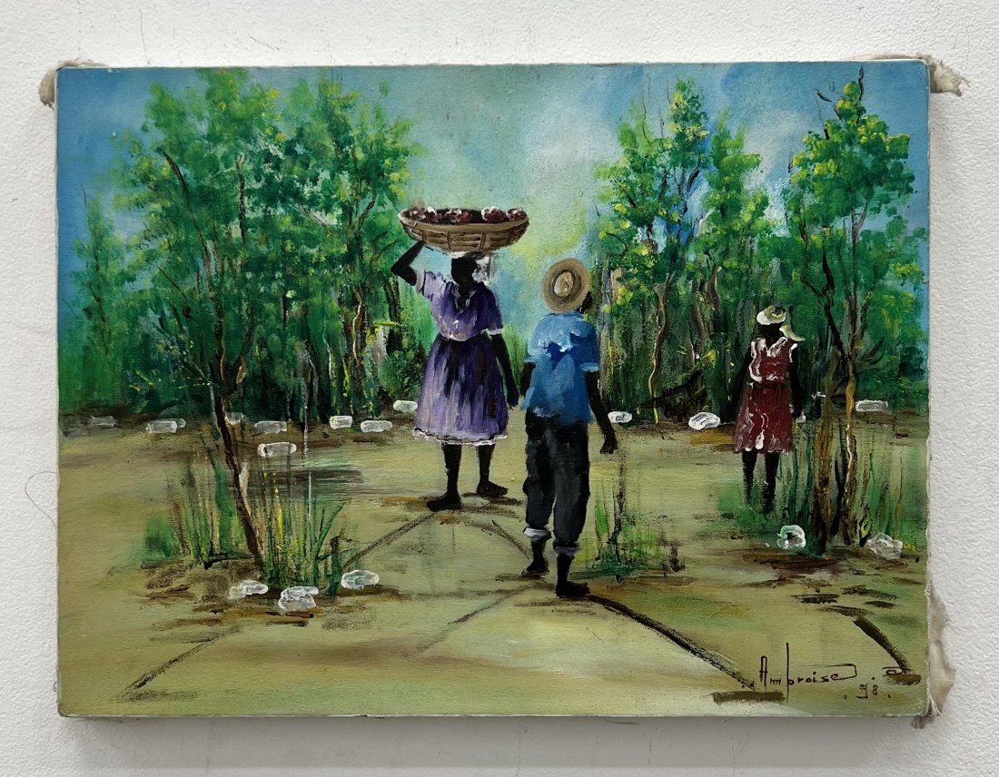 Ambroise Domek (20th c, Haiti) Village Landscape: Oil on canvas 16 x 12 in