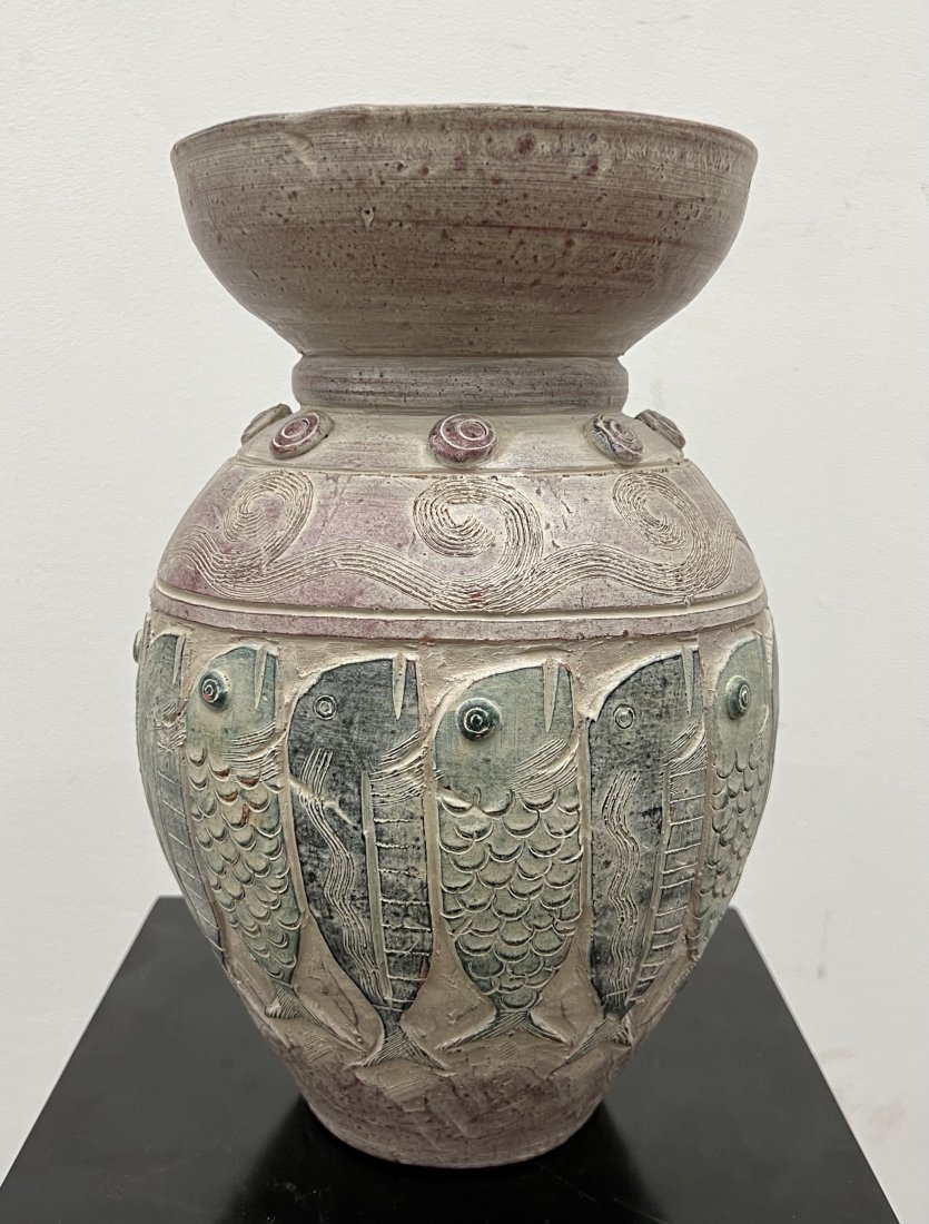 Vintage Terra Cotta Emboassed Fish Vase: 12 x7 in