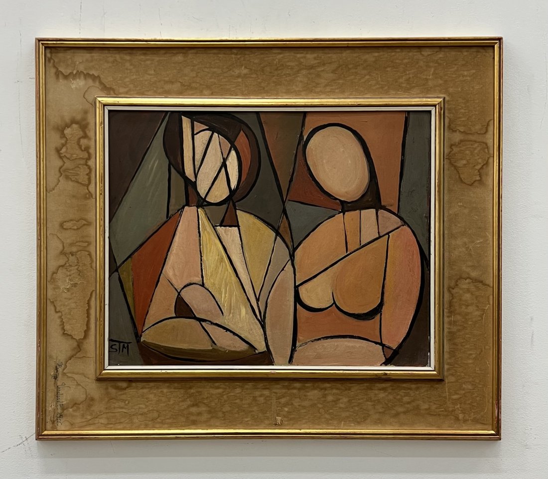 French Cubist Abstract Of Figures, Monogrammed: Oil on board 20 x 16 in, 29 x 25 in (framed)