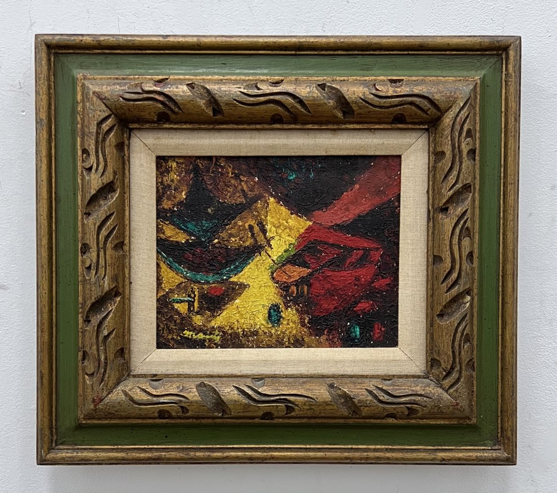 Mid-Century Modern Abstract, Illegible Signature: Oil on canvas 10 x 8 in, 18 x 16 in