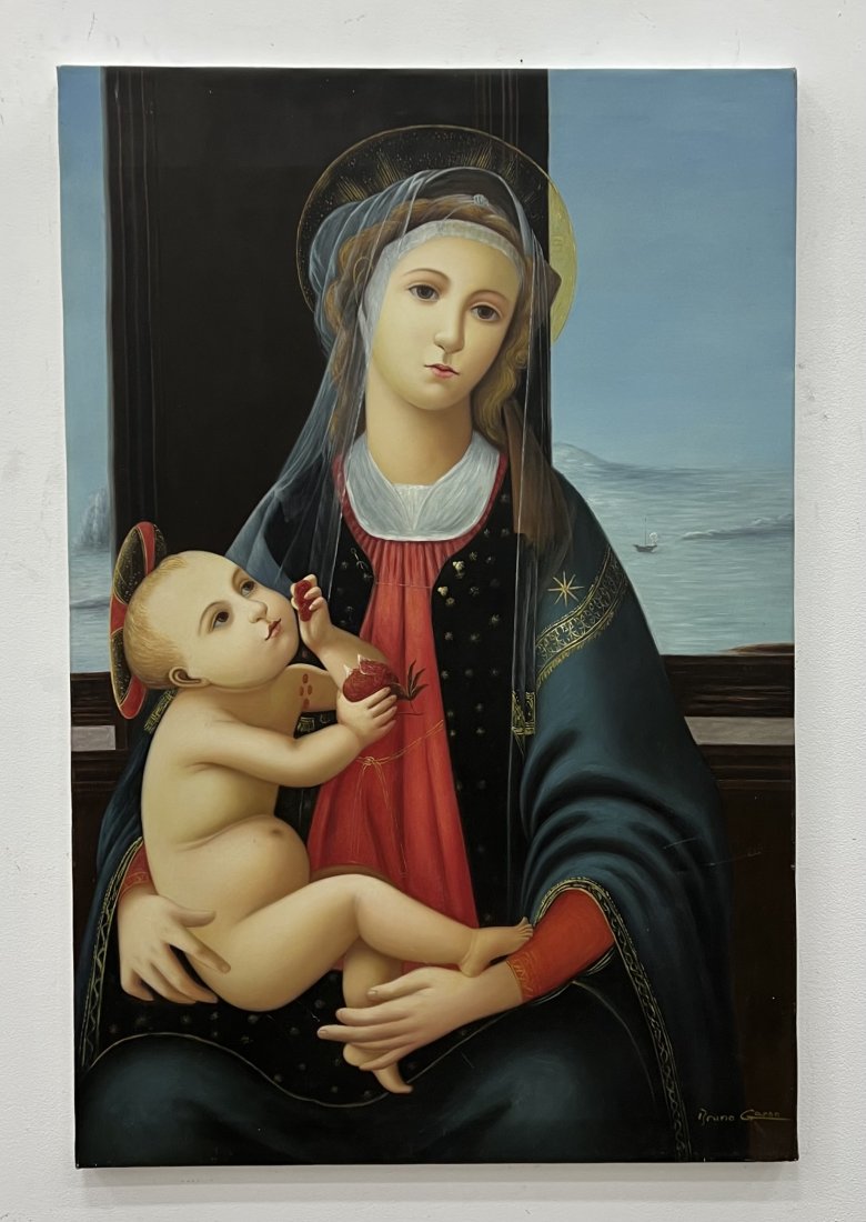 Madonna & Child Oil Painting, Signed: Oil on canvas 36 x 24 in