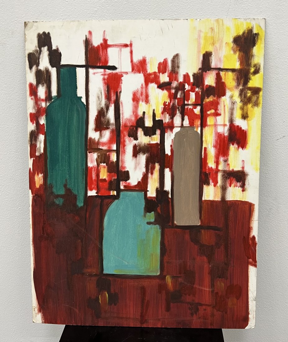 Mid-Century Modern Still Life Of Bottles Painting: 20 x 15 in. Oil on board