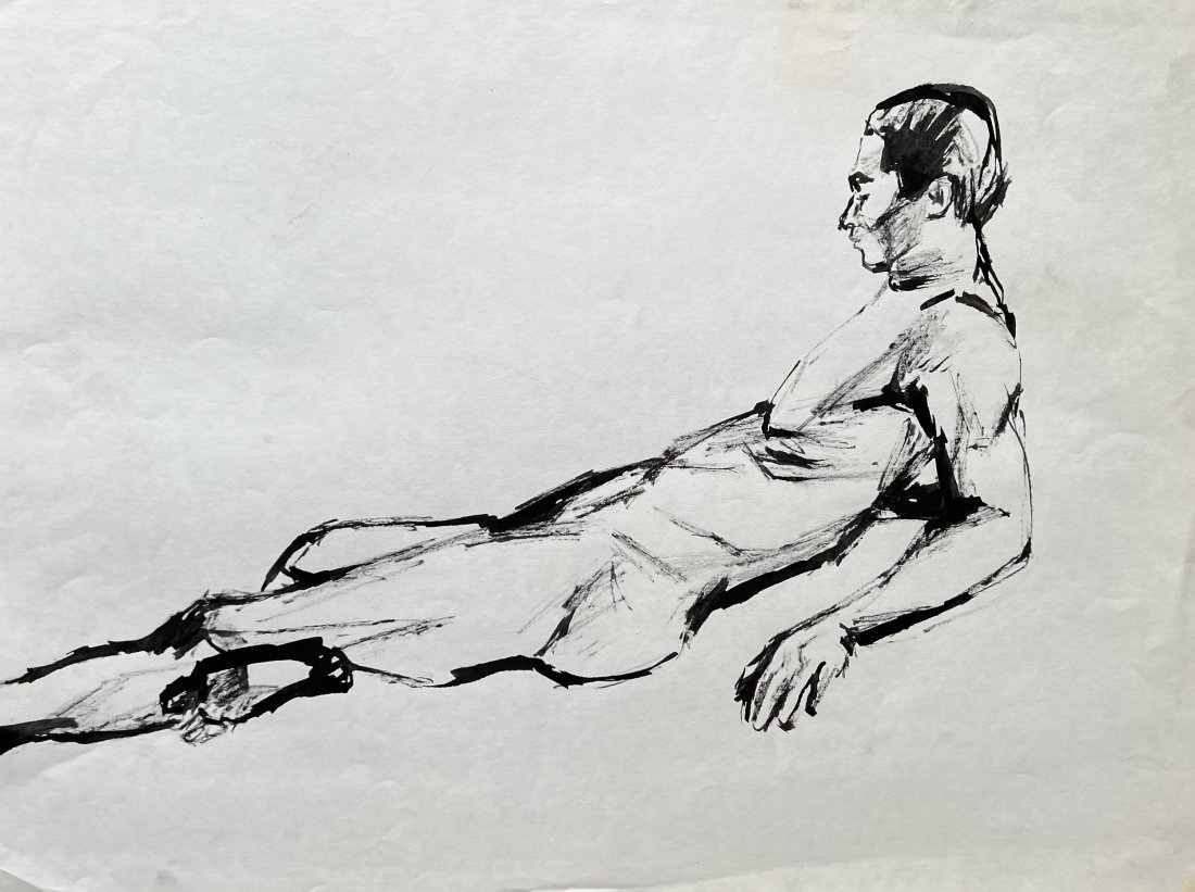 Mid-Century Nude Male Watercolor Painting: 24 x 18 in