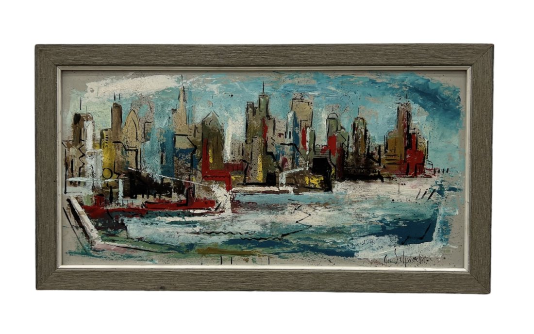 George Schwacha Jr, View Of Manhattan: Oil on board 24 x 12 in, 26 1/2 x14 1/2 in (framed). George Schwacha of New Jersey is president of the American Artists Professional League and a past president of the Audubon Artists and Art Center o