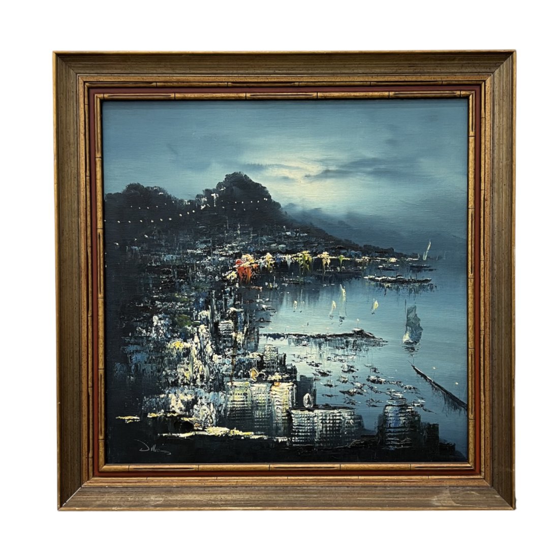 Chinese Modernist Scene Hong Kong Harbor, Illegible Signature: Tonalist. Oil on board 26 x 26 in, 29 x 29 in (framed)