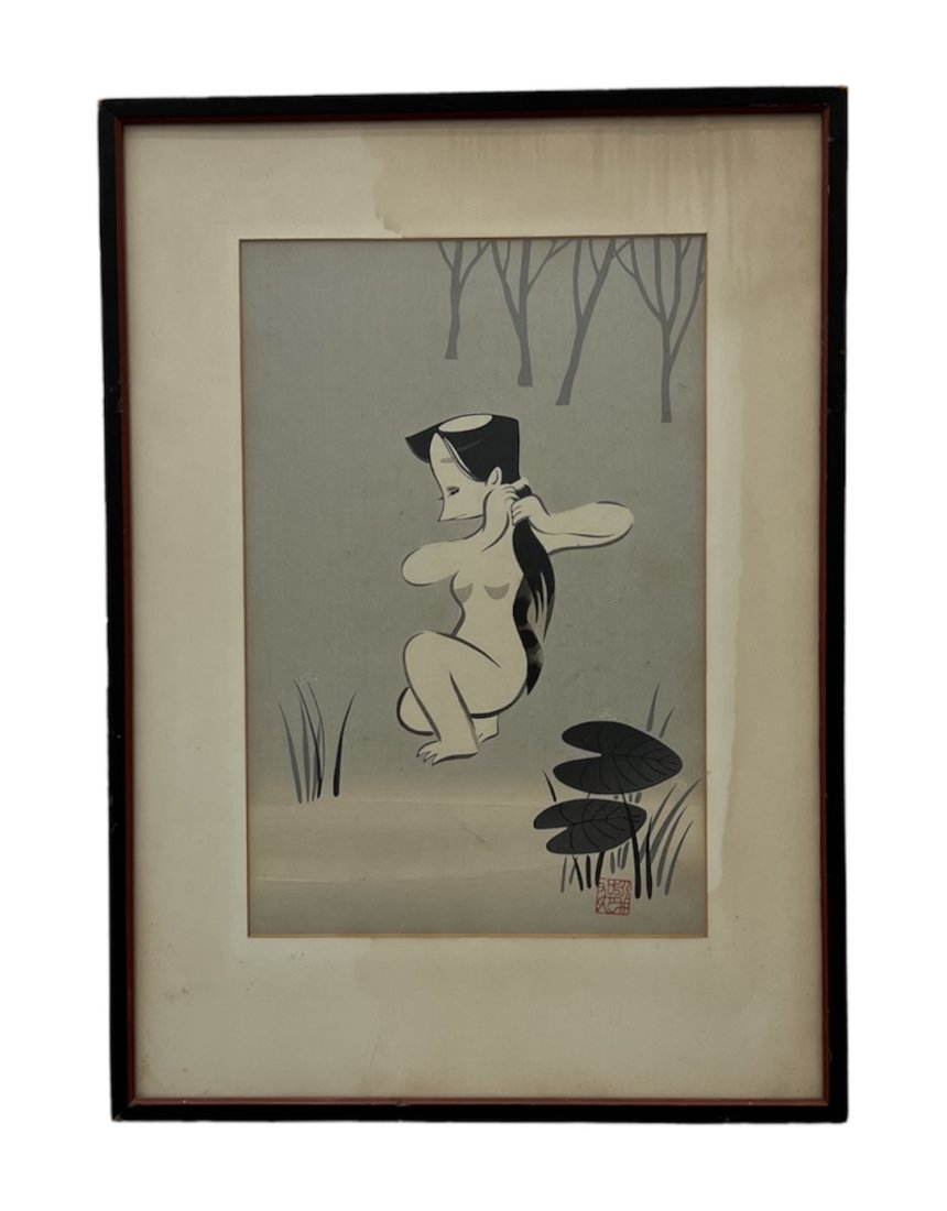 Japanese Modernist Woodblock Print Nude In Landscape: Signed. 21 x 17 in (framed)