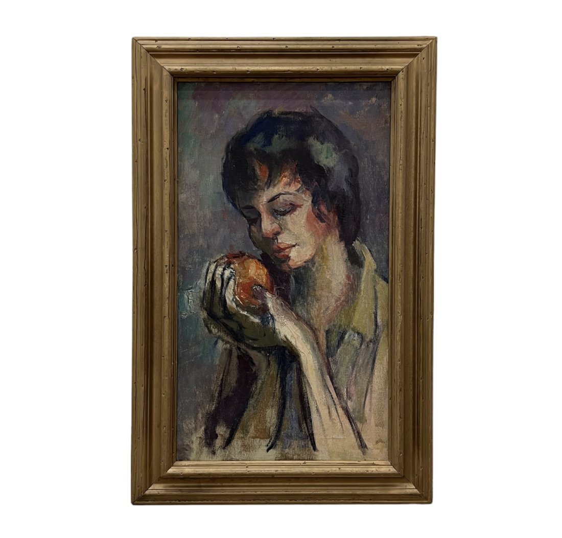 Mid-Century American Modernist Portrait Of A Woman: Oil on canvas 24 x 14 in, 30 x 19 in (framed)