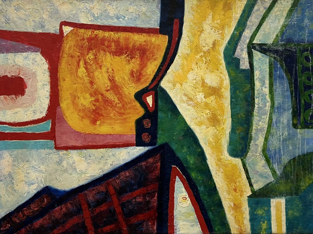 Latin American Cubist Abstract Painting, Illegible Signature: Oil on canvas 48 x 36 in