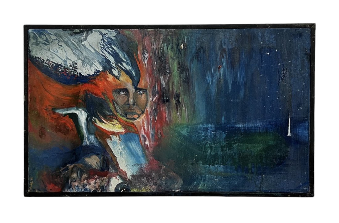 Moderm Surrealist Abstract Painting, Signed: Oil on canvas 25 x 15 in framed