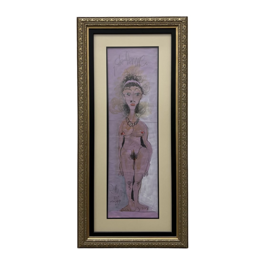 PIERRE MAGUY, French 1960's Nude Woman: Mixed media on paper 35 x 11 in