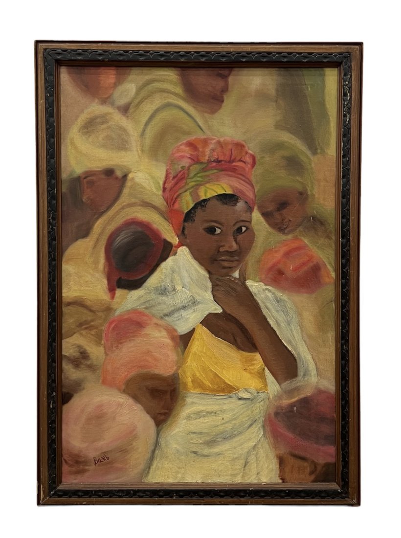 Mid-Century Modernist Haitian Painting w/ Figures: Signed. Oil on canvas 40 x 28 in framed