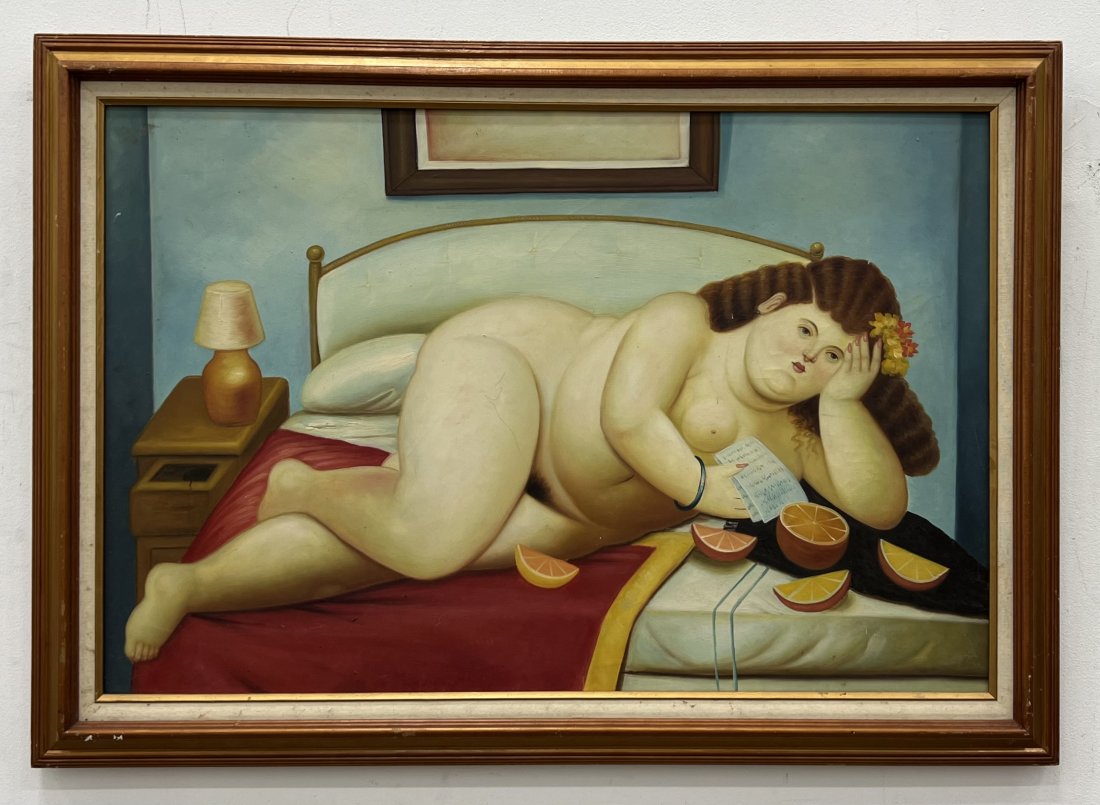 After Fernando Botero Nude Of Bed Painting: Oil on canvas 41 x 29 in (framed)