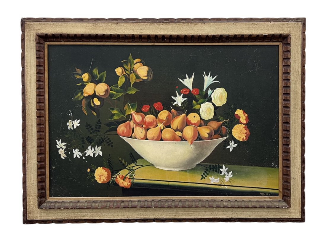 Japanese Modernist Still Life Painting, Signed: Oil on canvas 36 x 30 in, 44 x 32 in (framed)
