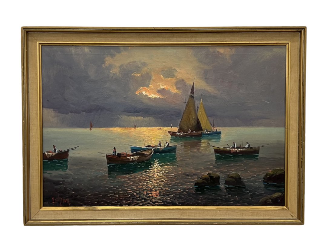 Early 20th Century Italian Impressionist Neopolitan Seascape, Signed: Oil on canvas 36 x 24 in, 40 1/2 x 28 1/2 in
