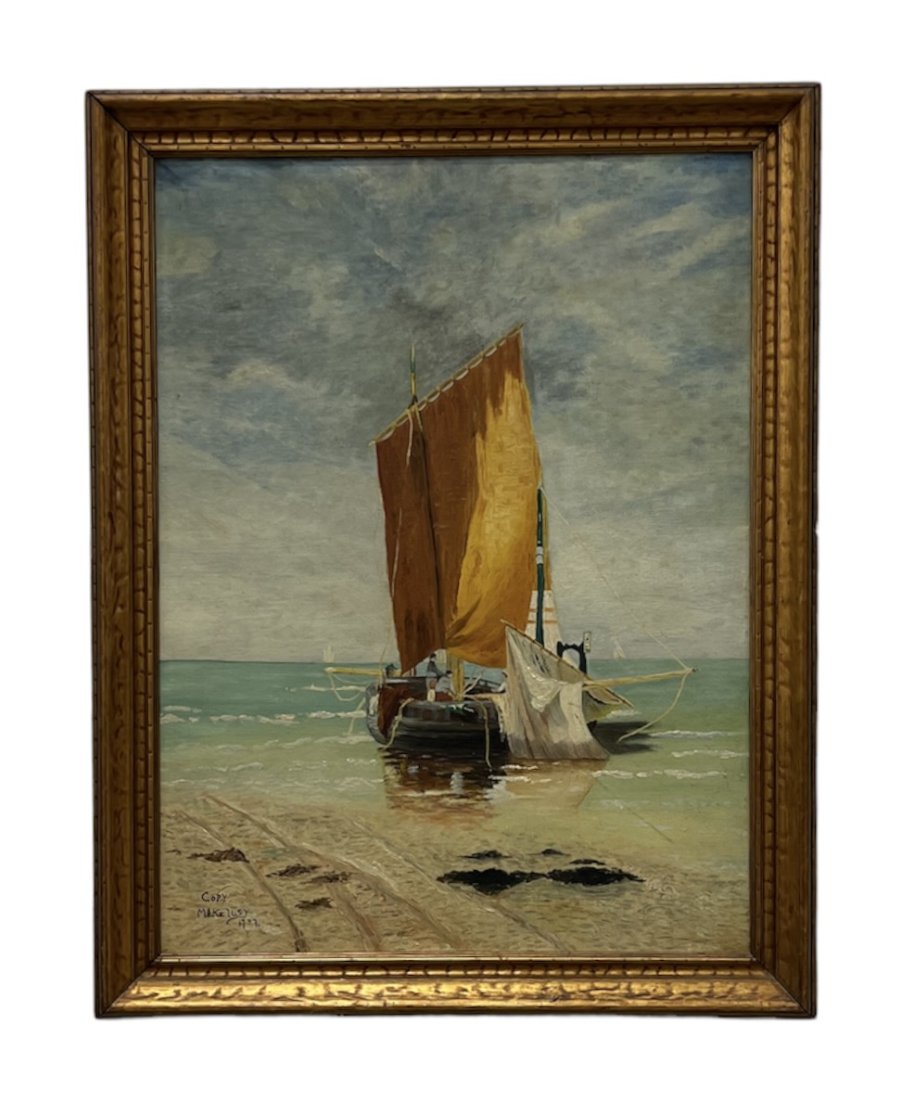 1930's American Impressionist Beach Scene With A Sailboat: Oil on board 24 x 18 in, 27 1/2 x 21 1/2 in (framed)