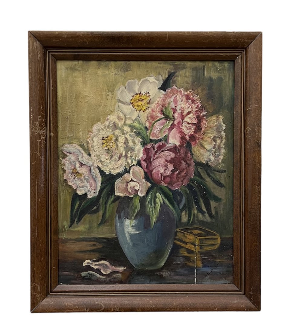 Early 20th Century American Still Life Of Flowers, Signed: Signed Luise. Oil on board 16 x 20 in, 19 1/2 x 23 1/2 in (framed)