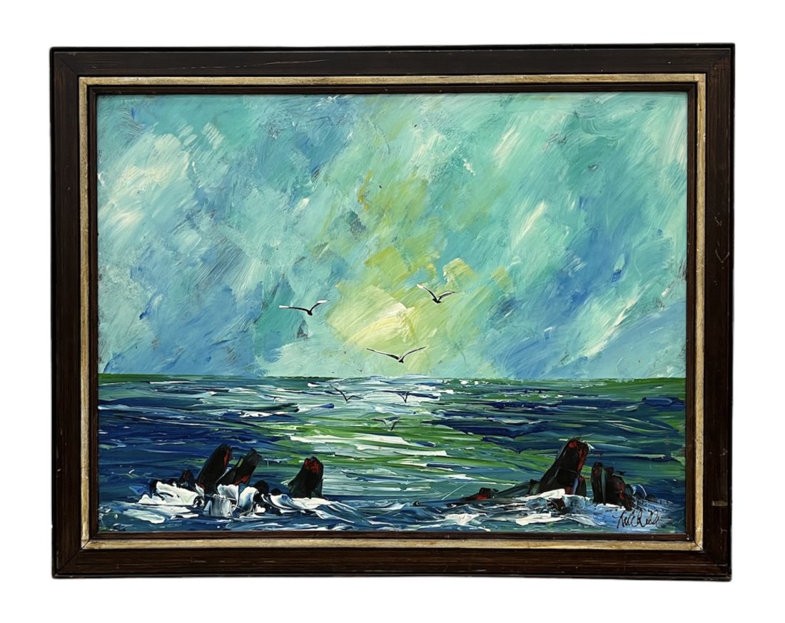 American Seascape Sunset WIth Seagulls, Illegible Signature: Oil on board 40 x 30 in, 46 x 36 in