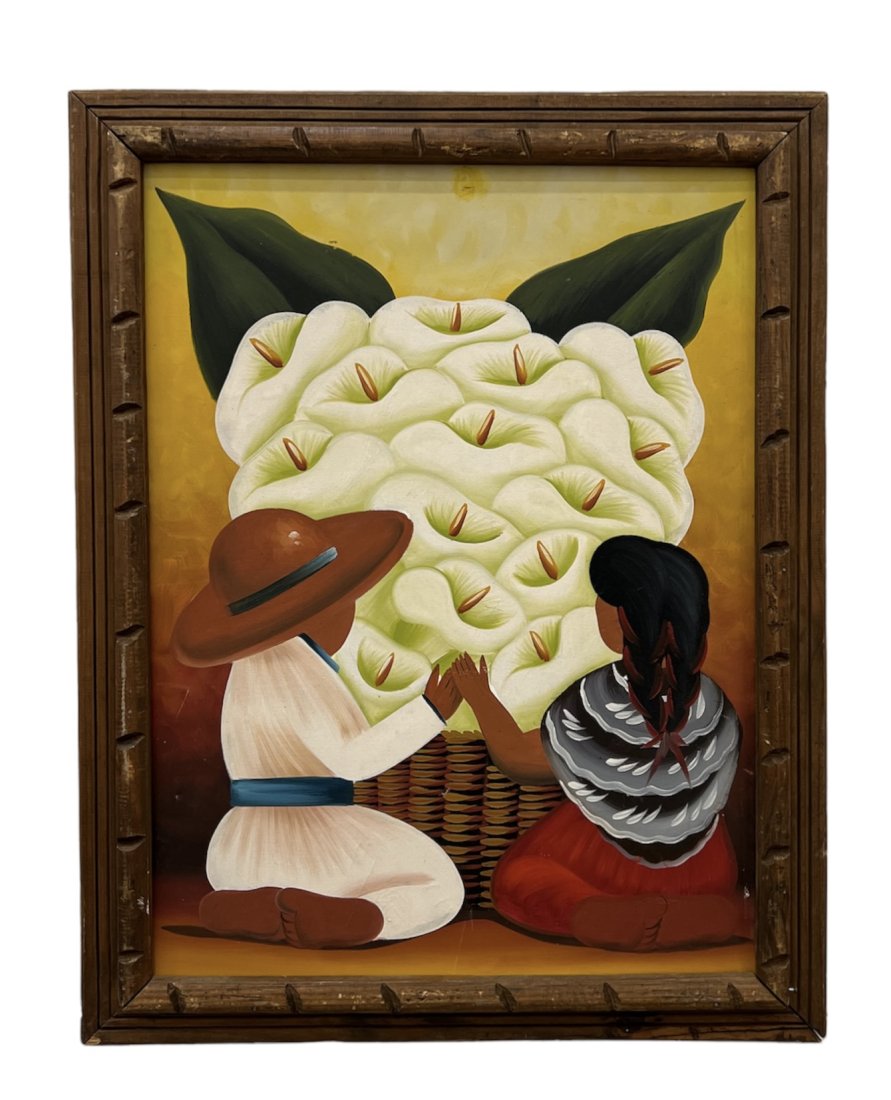 Mexican Modernist Children With Lillies, Style Of Diego Rivera: Oil on canvas 31 1/2 x 23 1/2 in, 37 x 29 in (framed)