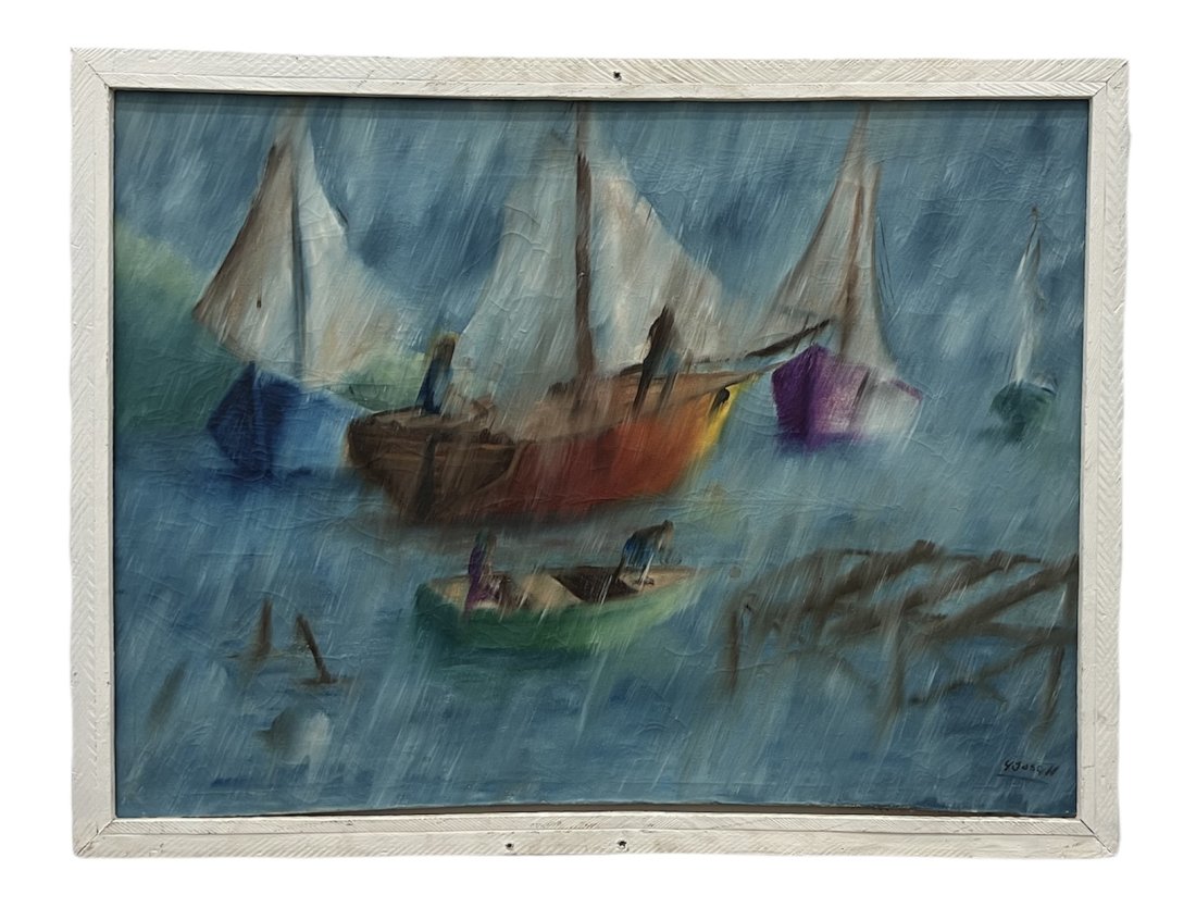 Haitian Modernist Nautical Rain Storm Painting, Signed: Oil on canvas 40 x 30 in, 42 x 32 in (framed)