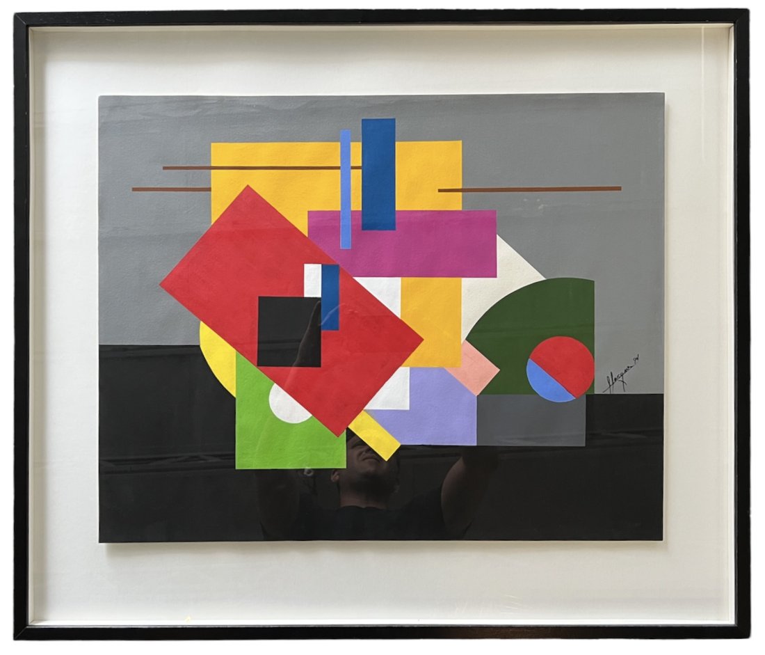 French Constructivist Geometric Abstract, Signed: Appears to be signed Jaques. Oil on paper 24 x 19 in, 31 x 26 1/2 in (framed)