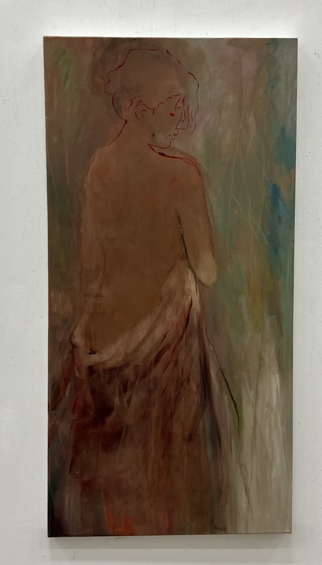 Modernist Female Nude Abstract Painting, Gallery Stamp: Oil on canvas 48 x 24 in