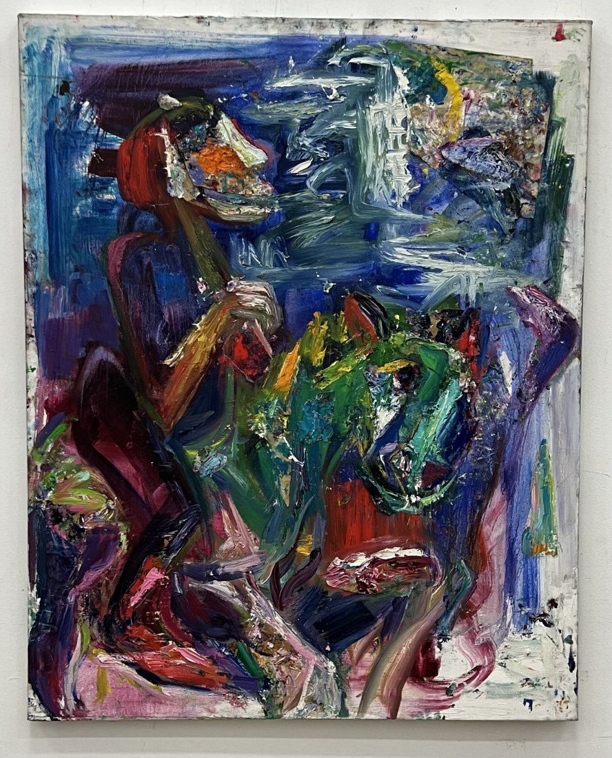 BARBARA YETERIAN (20th c, Armenian American) Modernist: Figure on dragon. Oil and collage on canvas 50 x 40 in. The following was taken from her obituary: Oradell - Barbara Yeterian, an artist, passed away on March 22, 2019, at the age of 80, she was born 