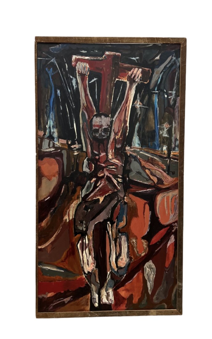 Monumental Religious Modernist Christ's Crucifixion Painting: Oil on canvas 82 1/2 x 44 in, 86 x 46 in (framed). Mid-Century.
