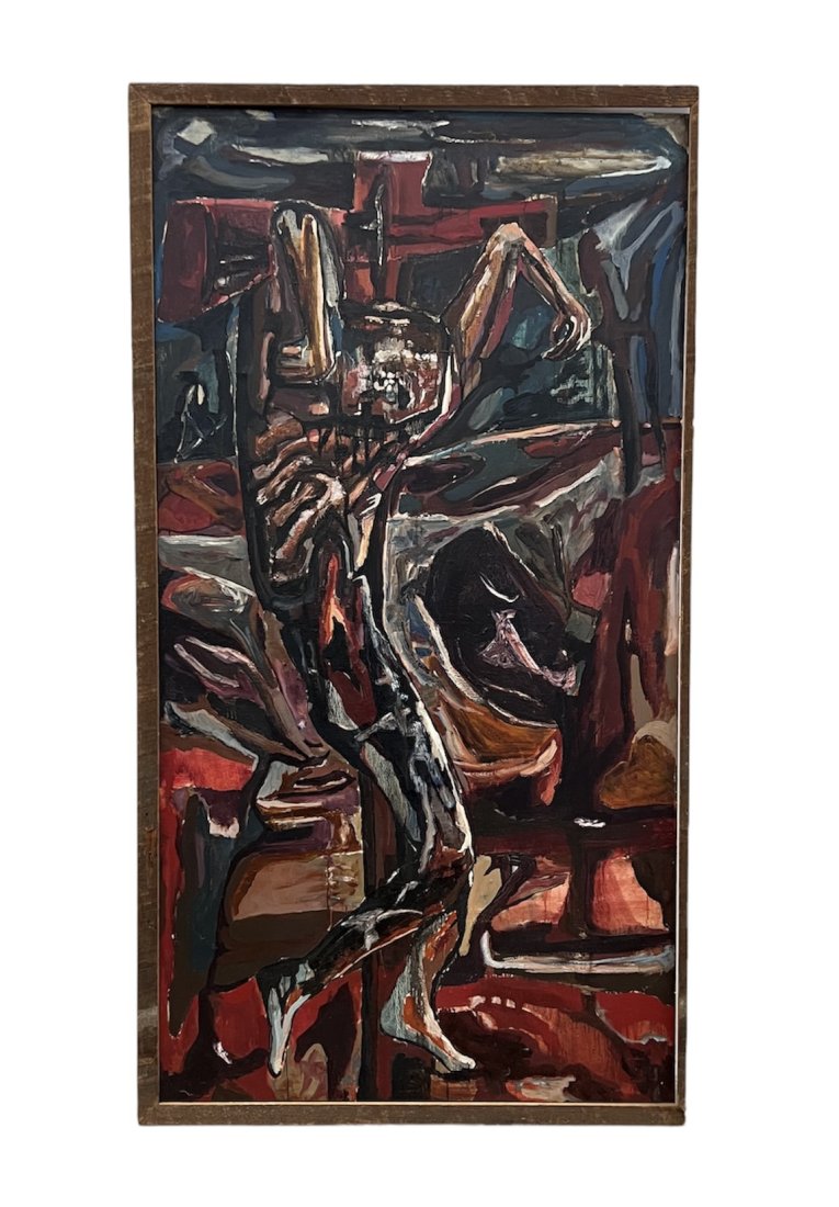 Monumental Religious Modernist Christ's Crucifixion Painting: Oil on canvas 82 1/2 x 44 in, 86 x 46 in (framed)
