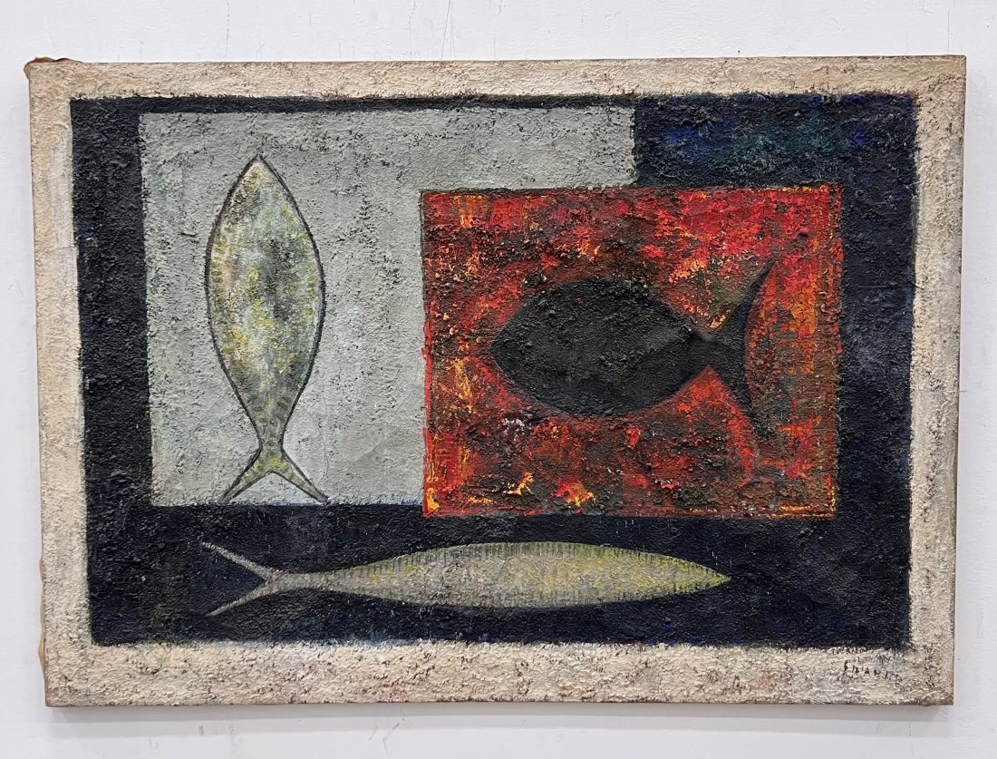 OKSAR D'AMICO (1923-2003, Italy) Fish Abstract: Oil on canvas 39 x 28 in