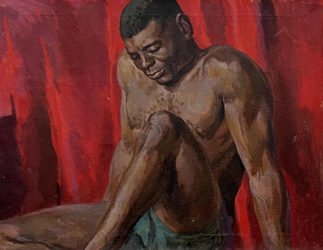 Black Shirtless Male Portrait, Signed: African American. Appears to be signed Reed. Oil on canvas 28 x 22 in