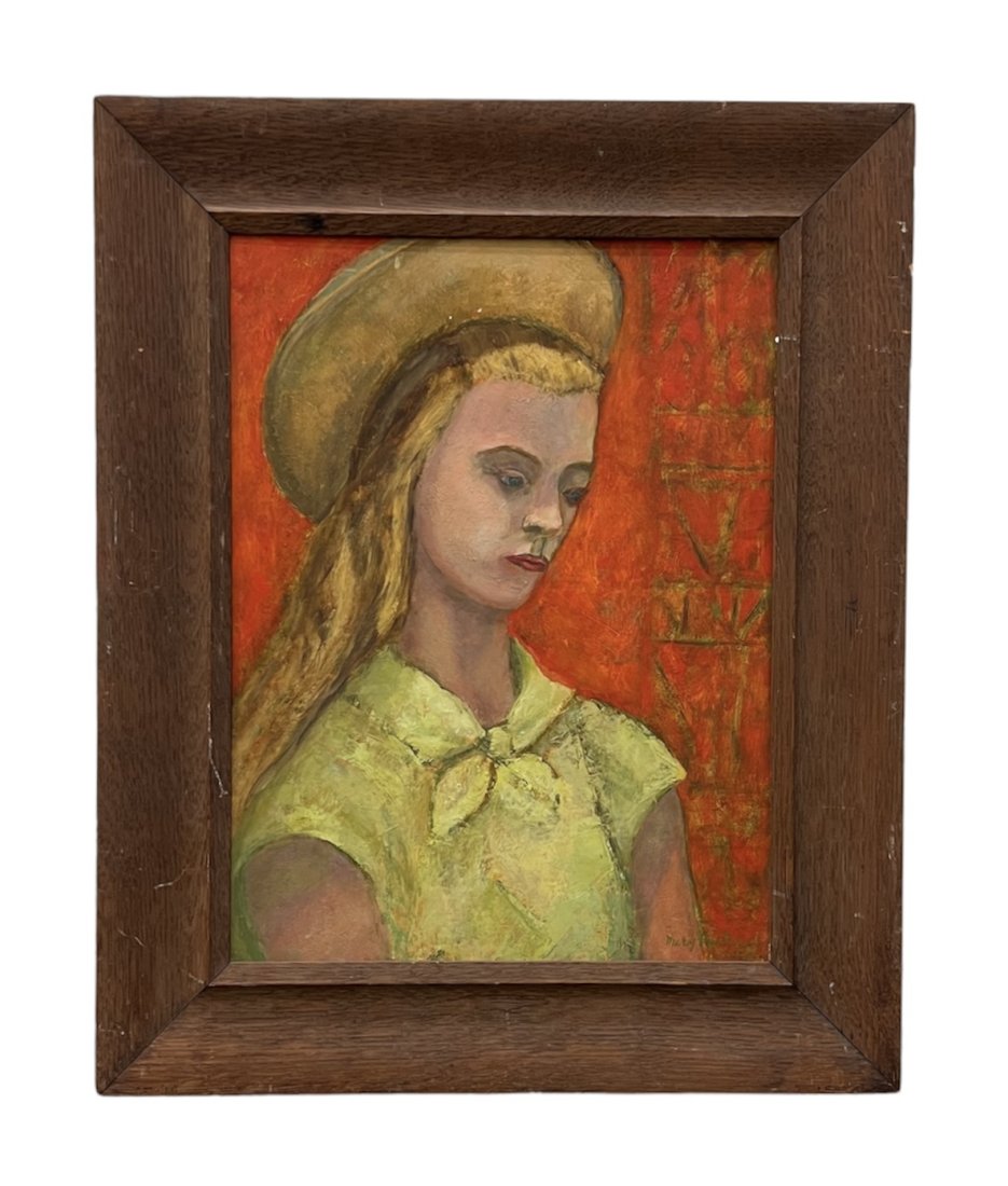 WPA Modernist Portrait Of A Girl, Signed: Oil on masonite 16 1/2 x 12 1/2 in, 22 x 18 in (framed)