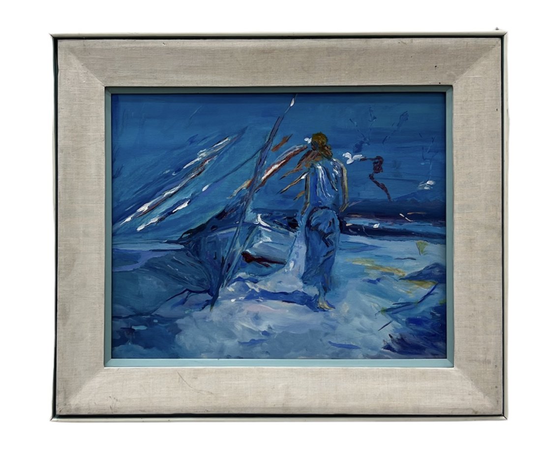 Modernist Beach Scene, Style Of Simbari: Oil on canvas 20 x 16 in, 26 1/2 x 22 1/2 in (framed)