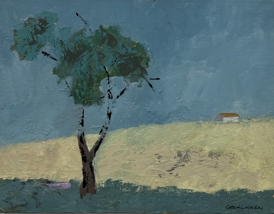 American Modernist Rural Landscape Signed: Appears to be signed George Linnen. Oil on canvas 18 x 14 in. Not framed