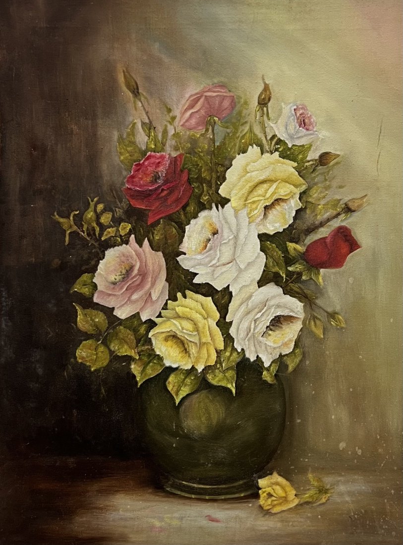 Vintage American Still Life Of Flowers, Illegible Signature: Oil on canvas 24 x 18 in