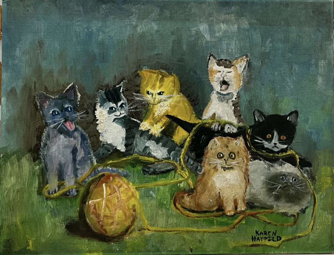 KAREN HATFILD, Cute Modernist Painting Of Kittens: Oil on board 14 x 18 in