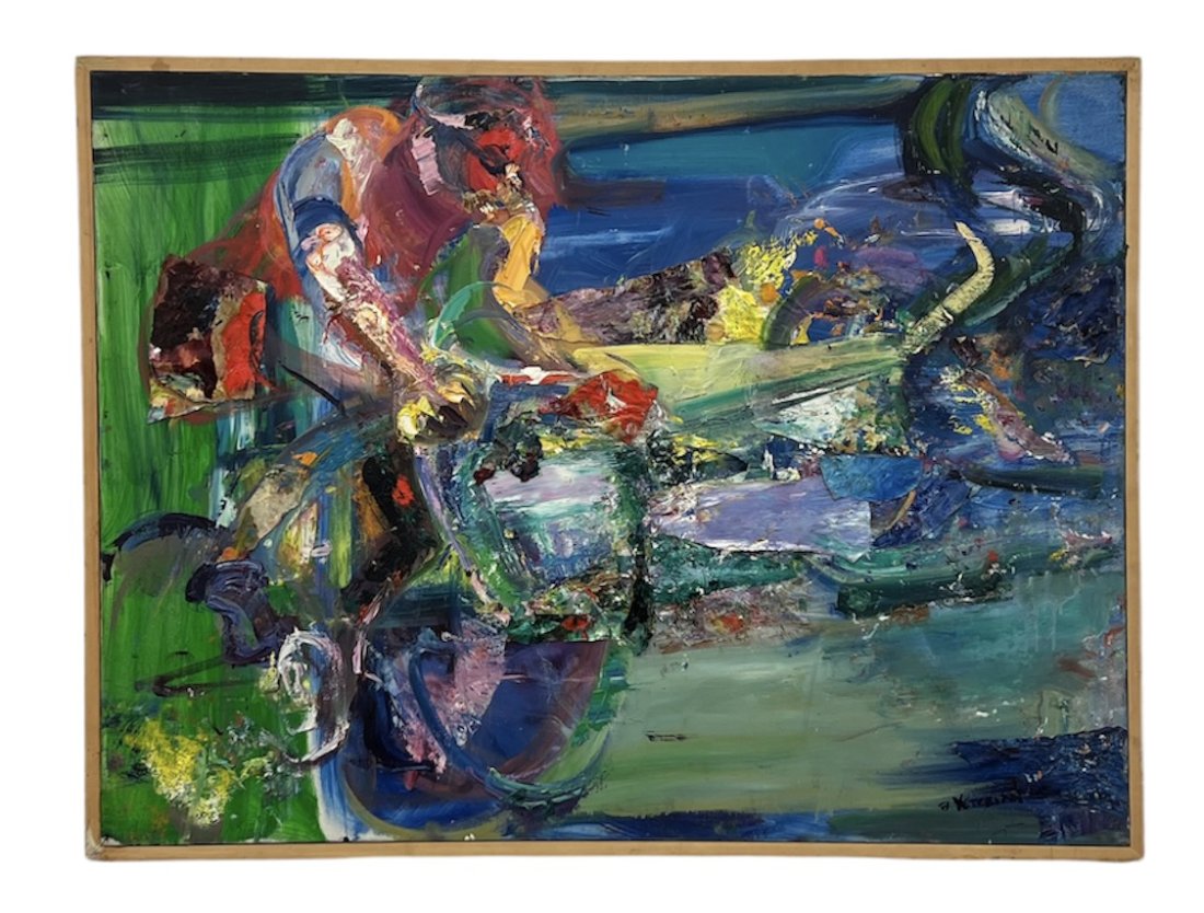 BARBARA YETERIAN (20th c, Armenian American) Bike Ride: Oil and collage on canvas 48 x 36 in
