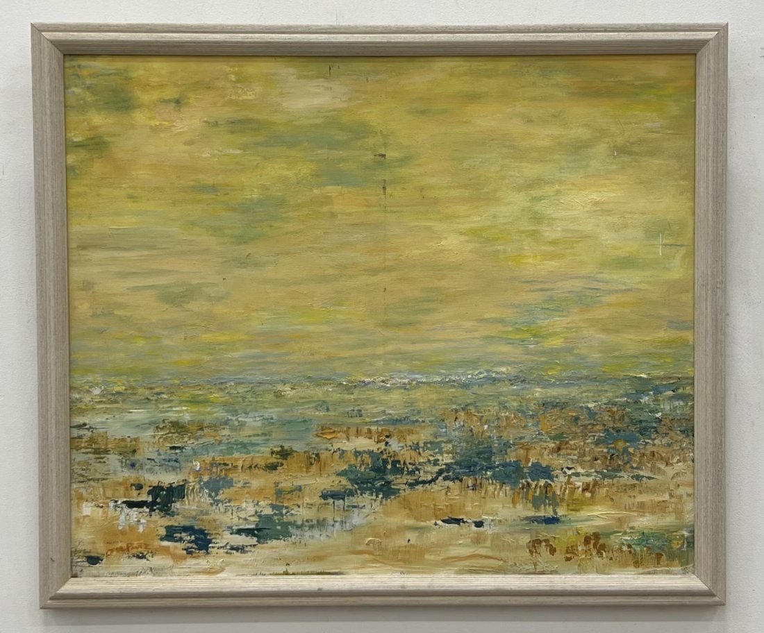 Modernist Landscape With Village, Illegible Signature: Oil on canvas 36 x 30 in, 39 x 33 in (framed)
