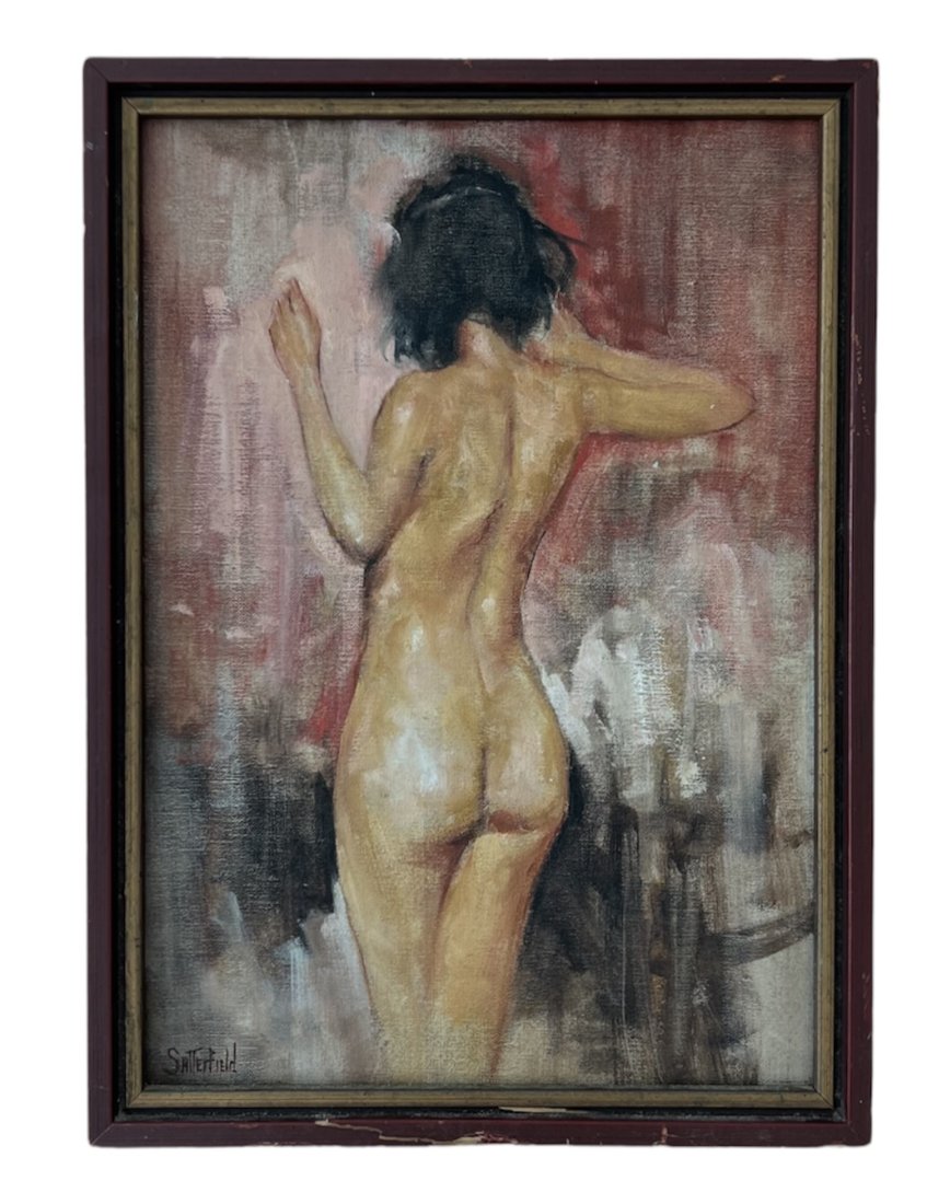 1940's American Pin Up Nude Painting Signed Satterfield: Oil on canvas 16 x 11 1/2 in, 17 1/2 x 12 1/2 in (framed)