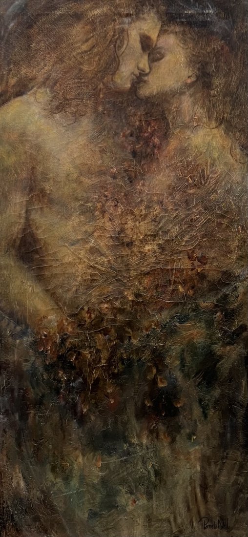 PAMELA NEAL (20th c, American) Lovers Embracing: Oil on canvas 48 x 23 in