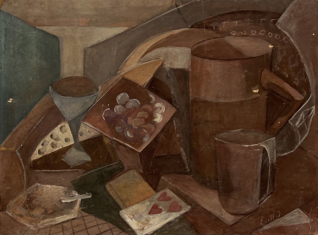 Mid-Century Cubist Still Life, Illegible Signature: Oil on board 20 x 15 in