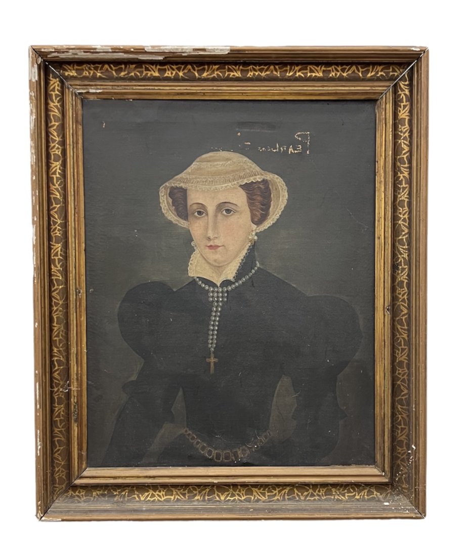 Antique French Portrait Of A Woman In Period Frame: Oil on canvas 30 x 24 in, 37 x 30 in