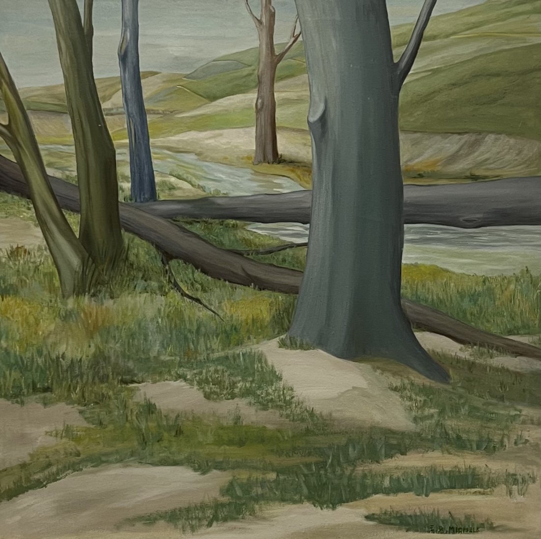French Modernist Landscape Signed ER Michels: Oil on canvas 32 x 32 in, 34 x 34 in (framed)