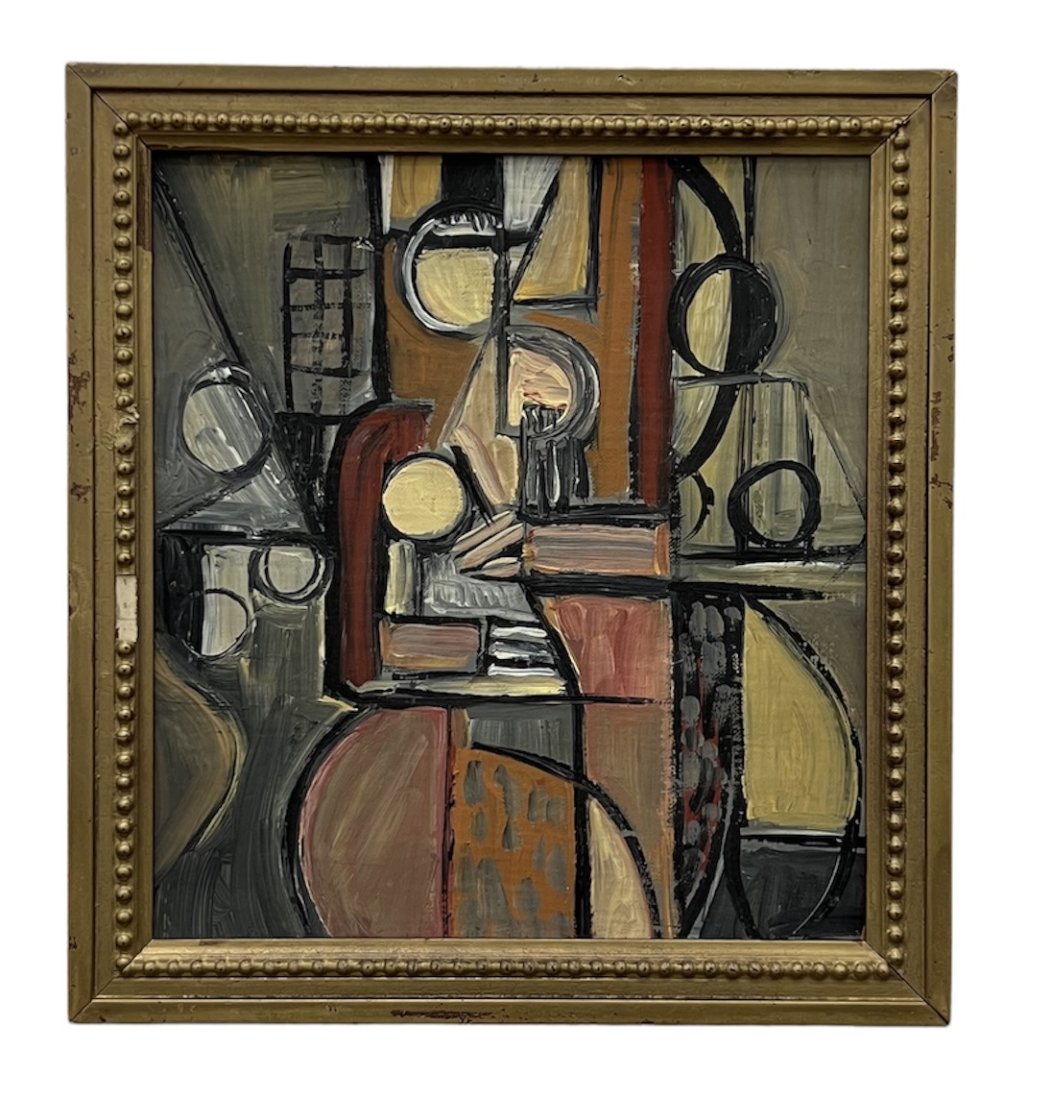 French Cubist Abstract Painting, Mystery Artist: Oil on canvas 11 1/2 x 10 1/2 in, 13 x 12 in (framed)